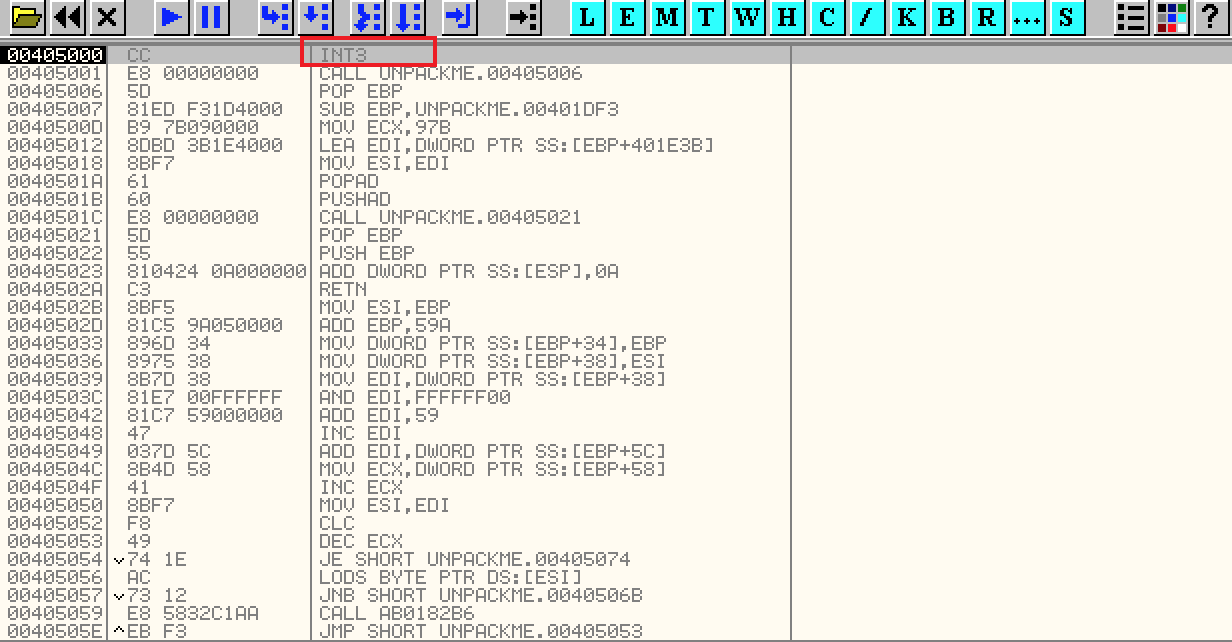 PUSHAD 被替换为 INT3